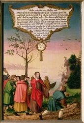 "Ingen är till någon nytta för Guds rike som lägger handen i plogen och sedan ser bakom sig", lär Kristus sina lärjungar (Luk 9 v.62), del av en vingpanel från Mompelgarter Altarpiece (